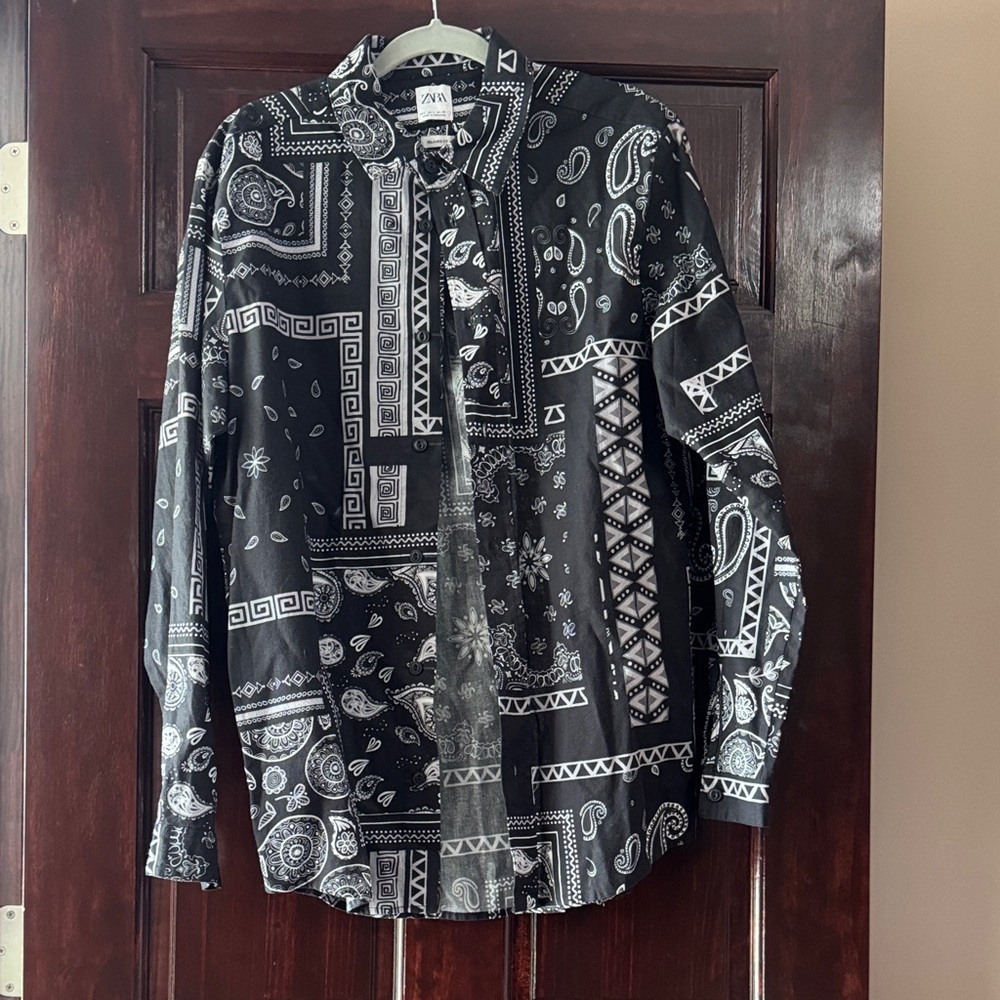 Zara Black and White Paisley Patchwork Button-Down Shirt